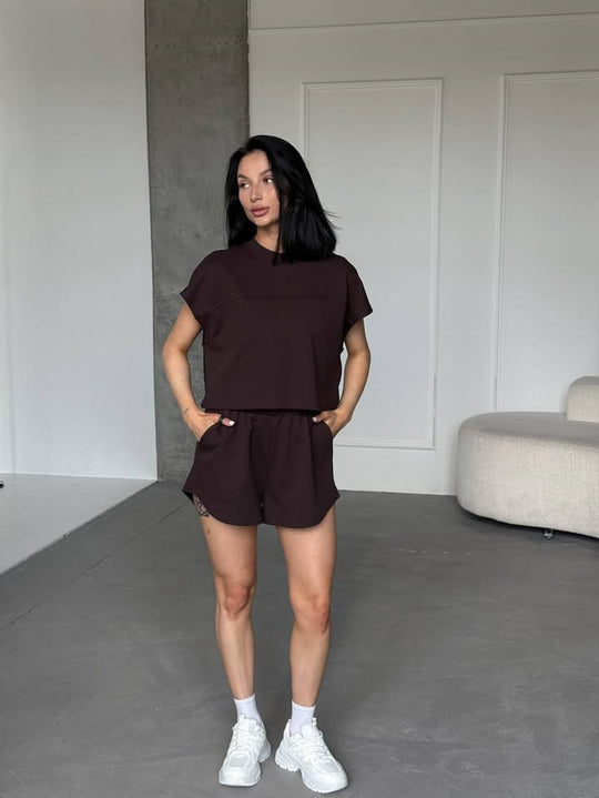 Damen Sportliches Kurzarm-Oberteil und Shorts-Set R&B