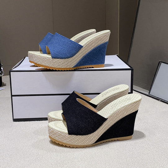 Damen nan Keil-Pantolette mit offenem Zehenbereich breitem Textilriemen Bast-Plateau und gepolstertem Komfortfußbett R&B
