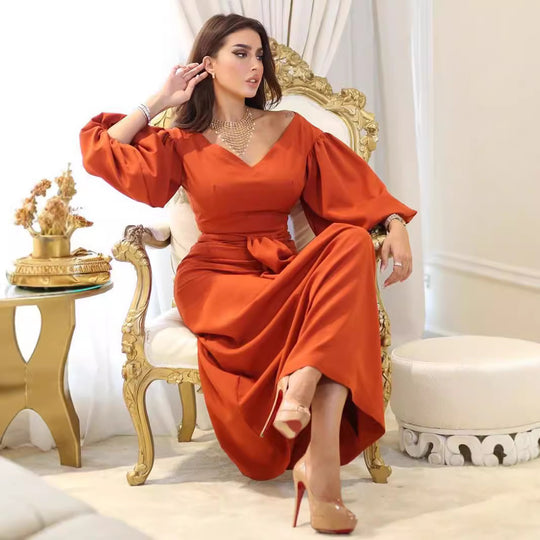 Damen Elegantes Maxikleid mit voluminösen Ärmeln und taillierter Drapierung R&B