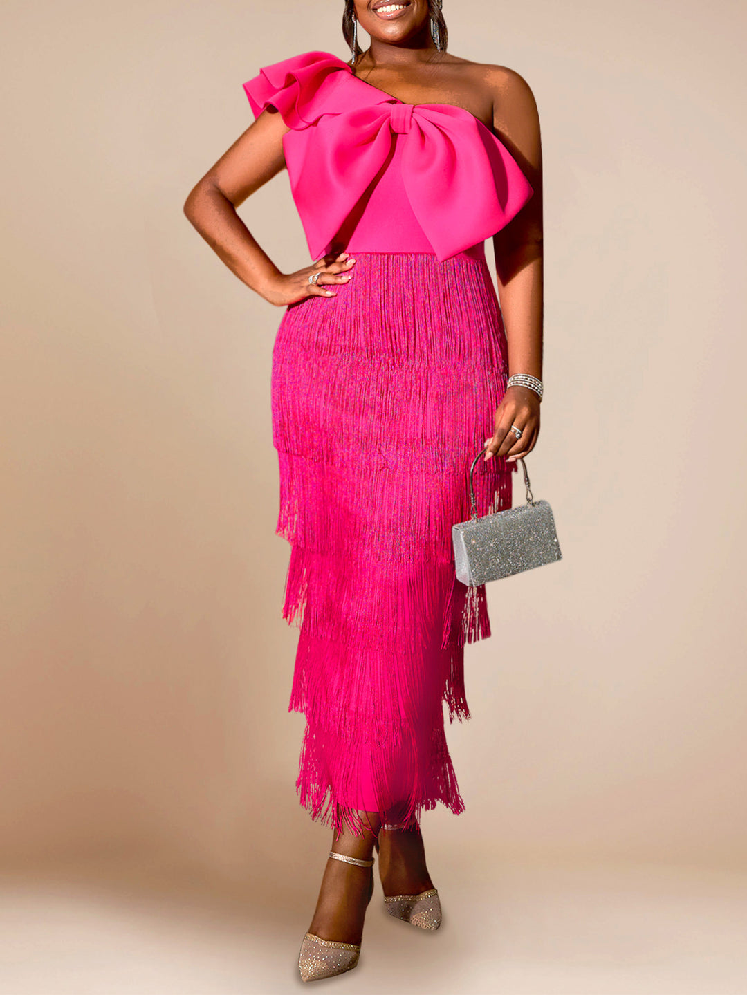 Damen elegantes Kleid mit voluminösem Rüschenelement und Fransen R&B