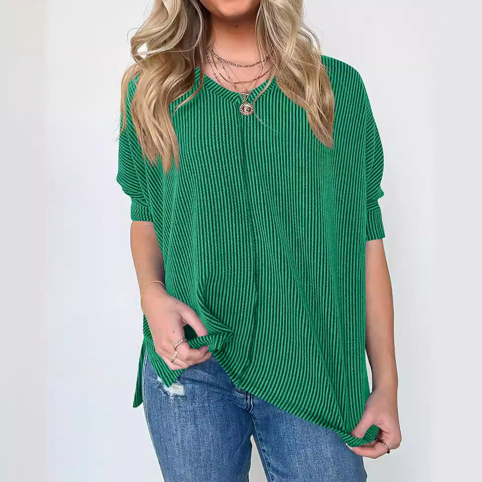 Damen lässiges V-Neck Oberteil mit strukturiertem Design und lockerer Passform R&B