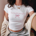 Damen Crop-T-Shirt mit kreativem Schriftzug und Schleifendetail R&B