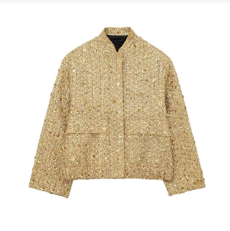 Damen nan strukturierte Boucléjacke mit Stehkragen, aufgesetzten Taschen und elastischem Saum R&B