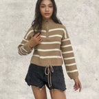 Damen Strickpullover mit halbem Reißverschluss und lässiger Übergangsstruktur