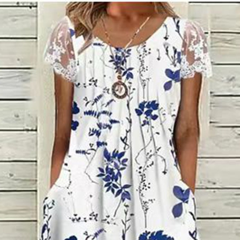 Damen Sommerliches Freizeitkleid mit Spitzenärmeln und originellem Blumendruck Heidi-Mode