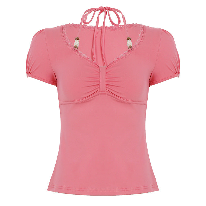 Damen figurbetontes T-Shirt mit verstellbarem Halsband R&B