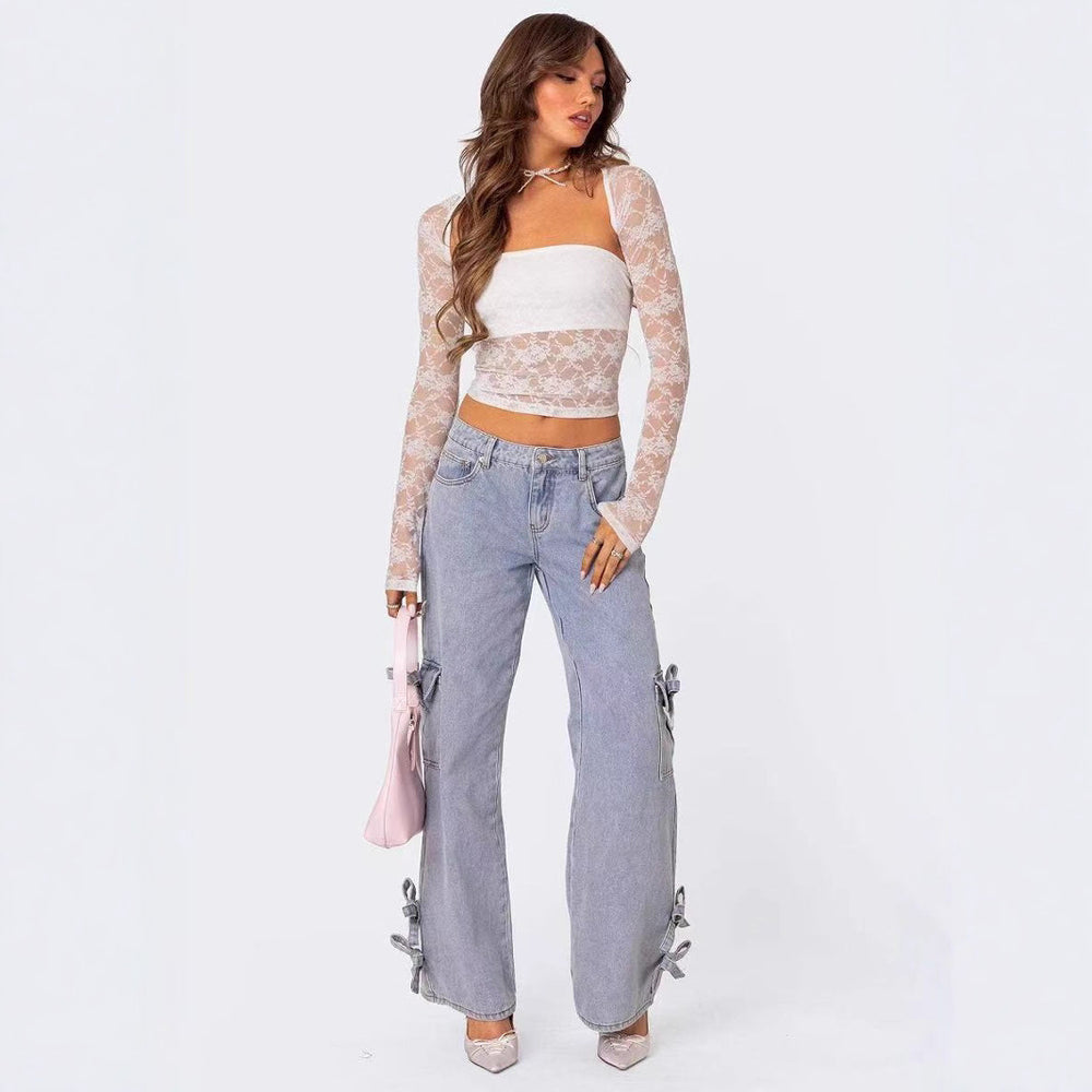 Damen lässige Cargo-Jeans mit stylischem Schleifen-Detail R&B