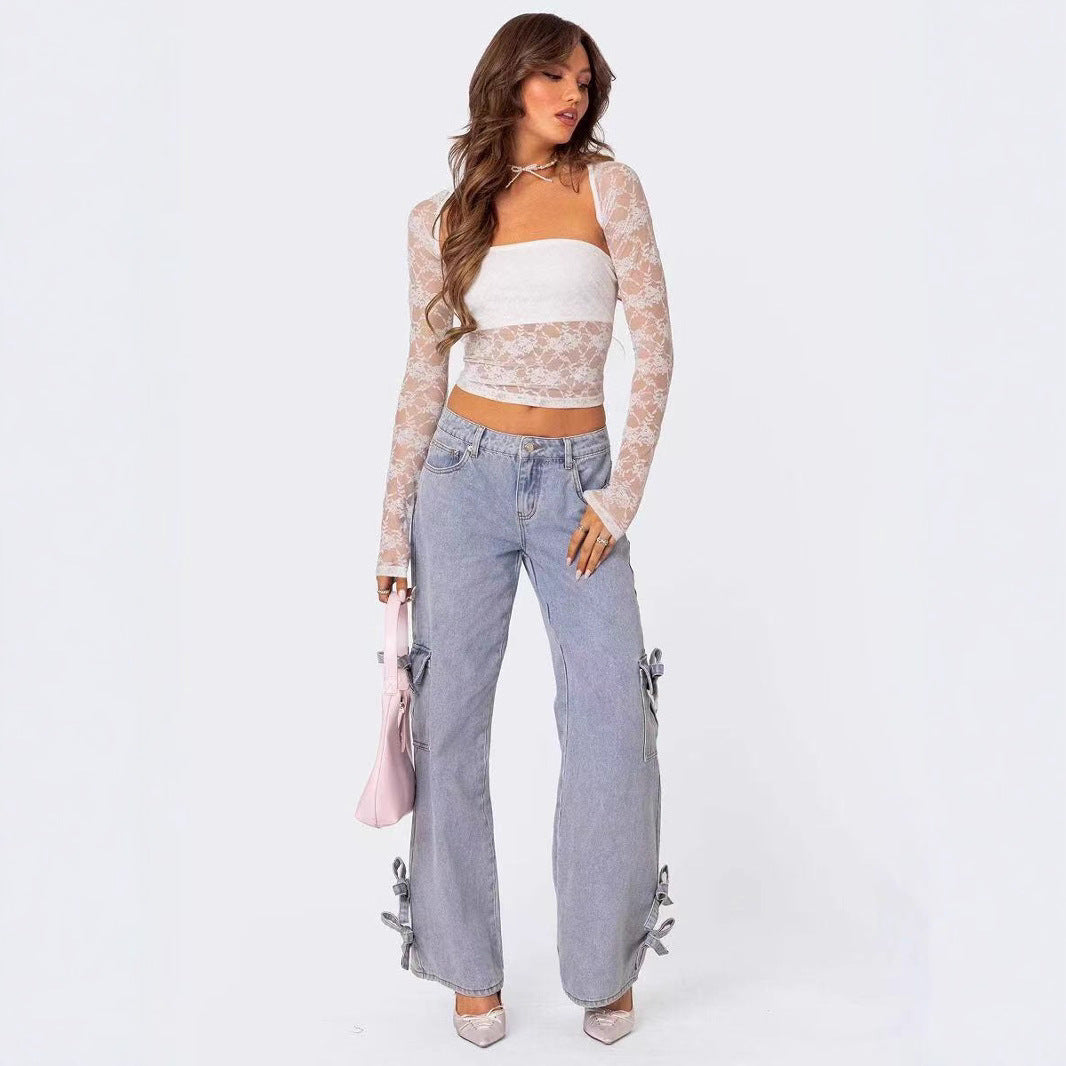 Damen lässige Cargo-Jeans mit stylischem Schleifen-Detail R&B