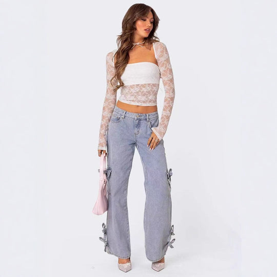 Damen lässige Cargo-Jeans mit stylischem Schleifen-Detail R&B