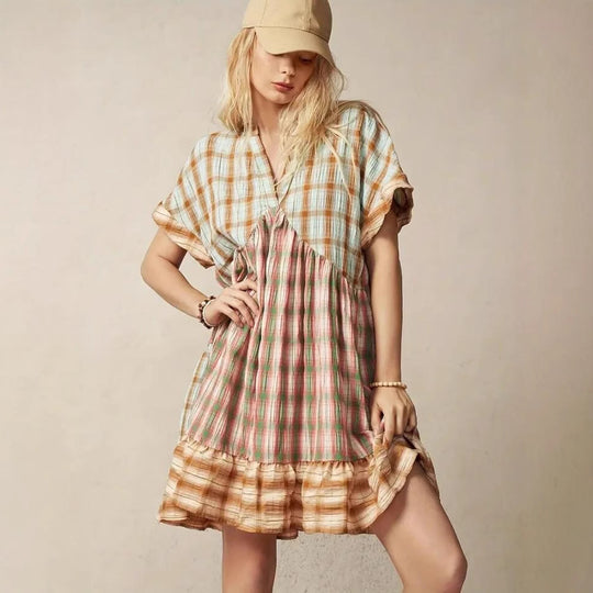 Damen lässiges Tunika-Kleid im karierter Muster mit voluminösem Saum R&B