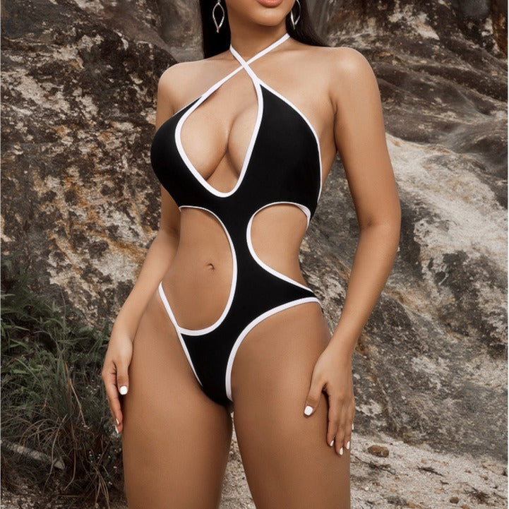 Damen Cut-Out Badeanzug mit tiefem V-Ausschnitt und gekreuzten Trägern R&B