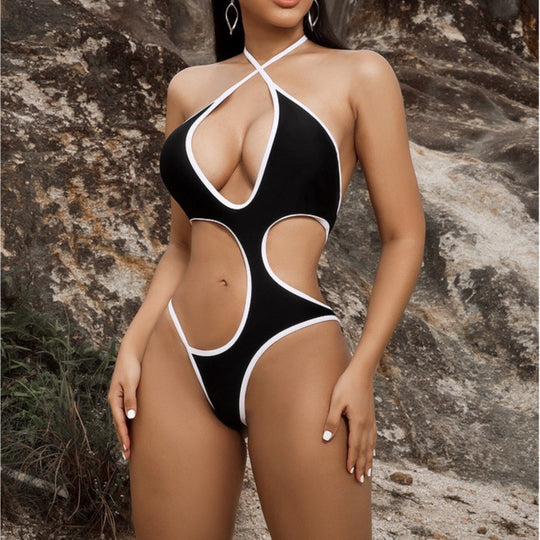 Damen Cut-Out Badeanzug mit tiefem V-Ausschnitt und gekreuzten Trägern R&B