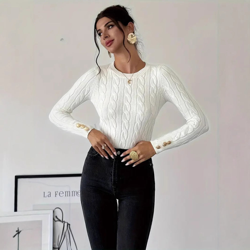Damen Grobstrick Pullover mit dekorativen Knopfdetails R&B