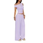 Damen Zweiteiliges Set aus elastischem Rippstoff mit asymmetrischem Top und weitem Hosen R&B