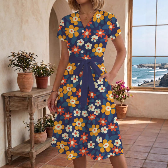 Damen lässiges Maxikleid mit taillierbarem Knoten und dekorativem Karomuster R&B