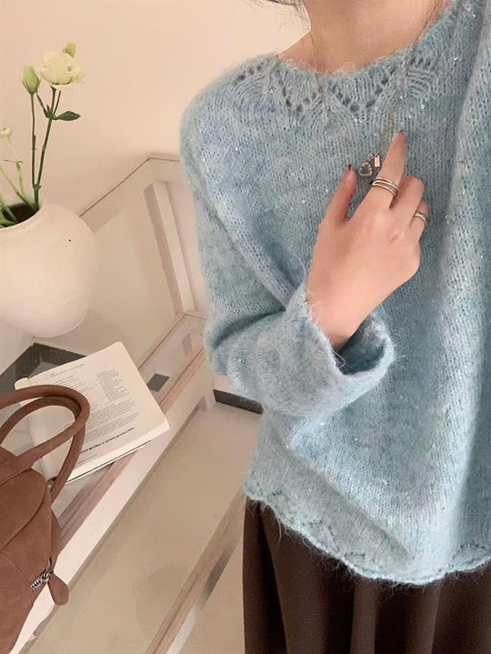Damen Flauschiger Strickpullover mit glänzenden Akzenten und lockerem Schnitt R&B