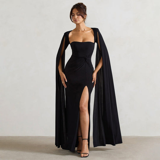 Damen Elegantes Maxikleid mit abnehmbarem Cape und seitlichem Schlitz R&B