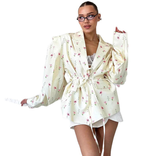 Damen elegante Blazerjacke mit floralem Design und Taillengürtel R&B