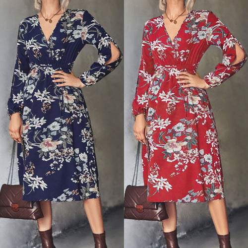 Damen Midi-Kleid mit elegantem floralem Design und tailliertem Gürtel R&B
