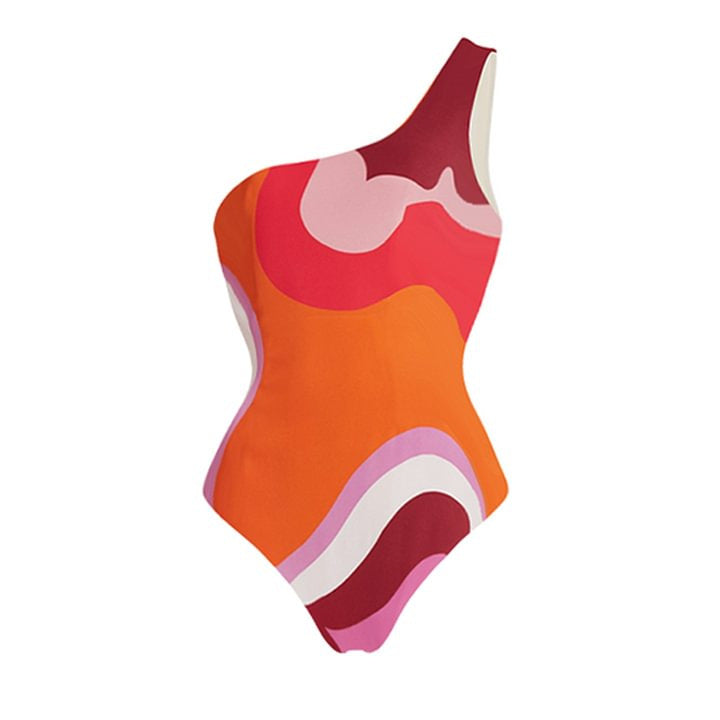 Damen asymmetrischer Badeanzug mit modernem Grafikdesign R&B
