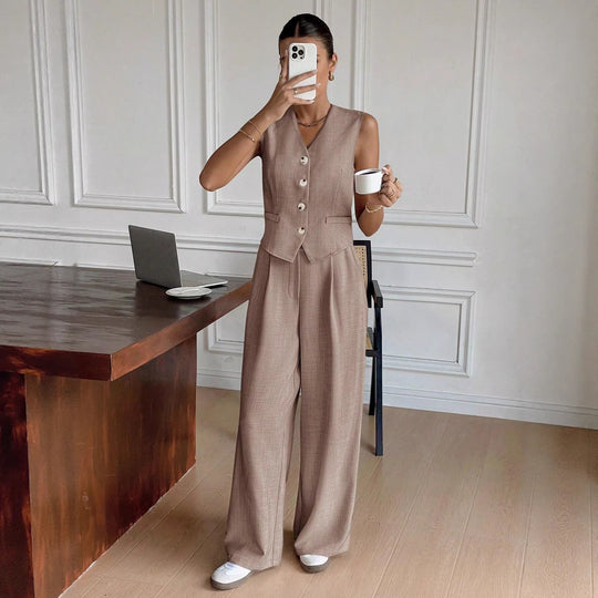 Damen Eleganter Anzug mit ärmellosem Blazer und weiten Hosen R&B