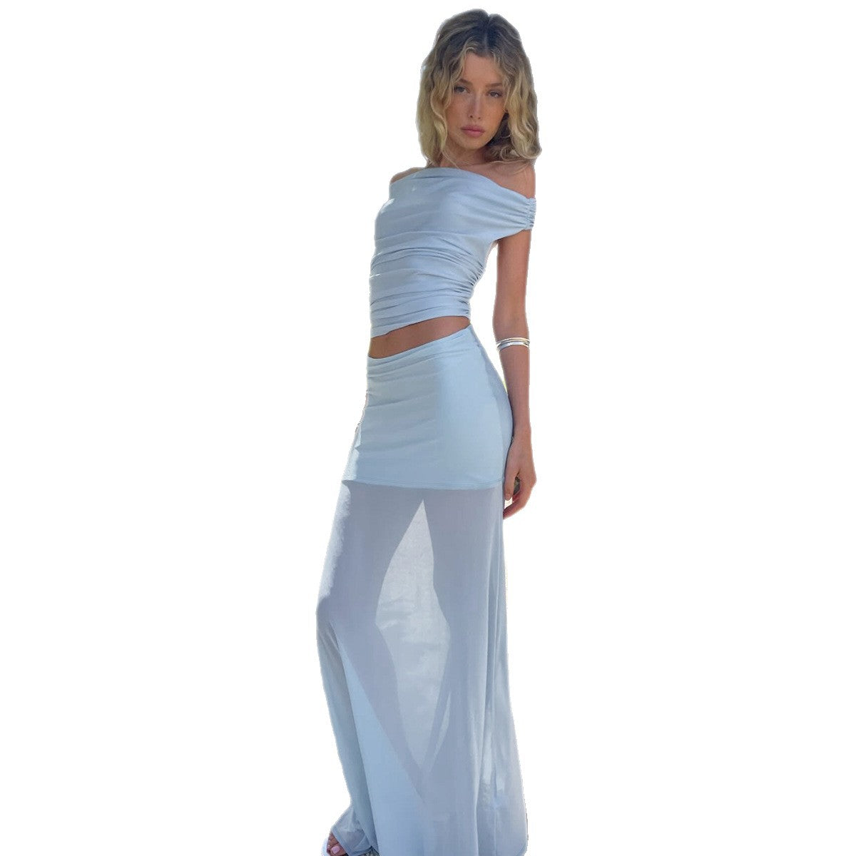 Damen Elegantes Offshoulder Maxi-Set mit transparentem Rock und gerafftem Oberteil R&B