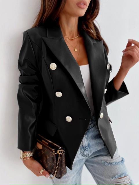 Damen eleganter Kunstleder Blazer mit doppelter Knopfleiste R&B