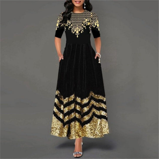 Damen Maxikleid mit kunstvollem Goldstickdesign und elegantem Zickzackmuster R&B