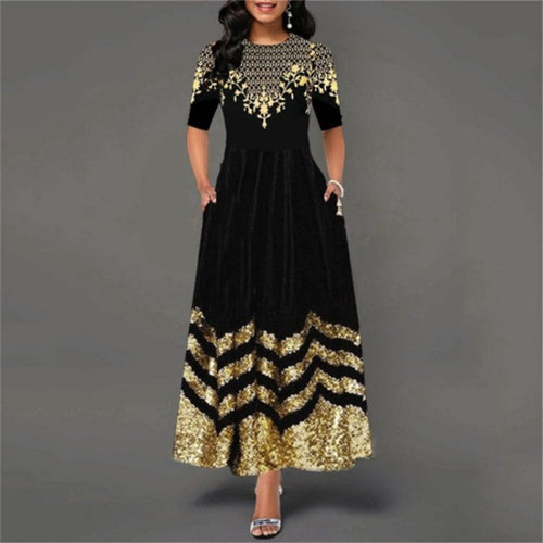 Damen Maxikleid mit kunstvollem Goldstickdesign und elegantem Zickzackmuster R&B