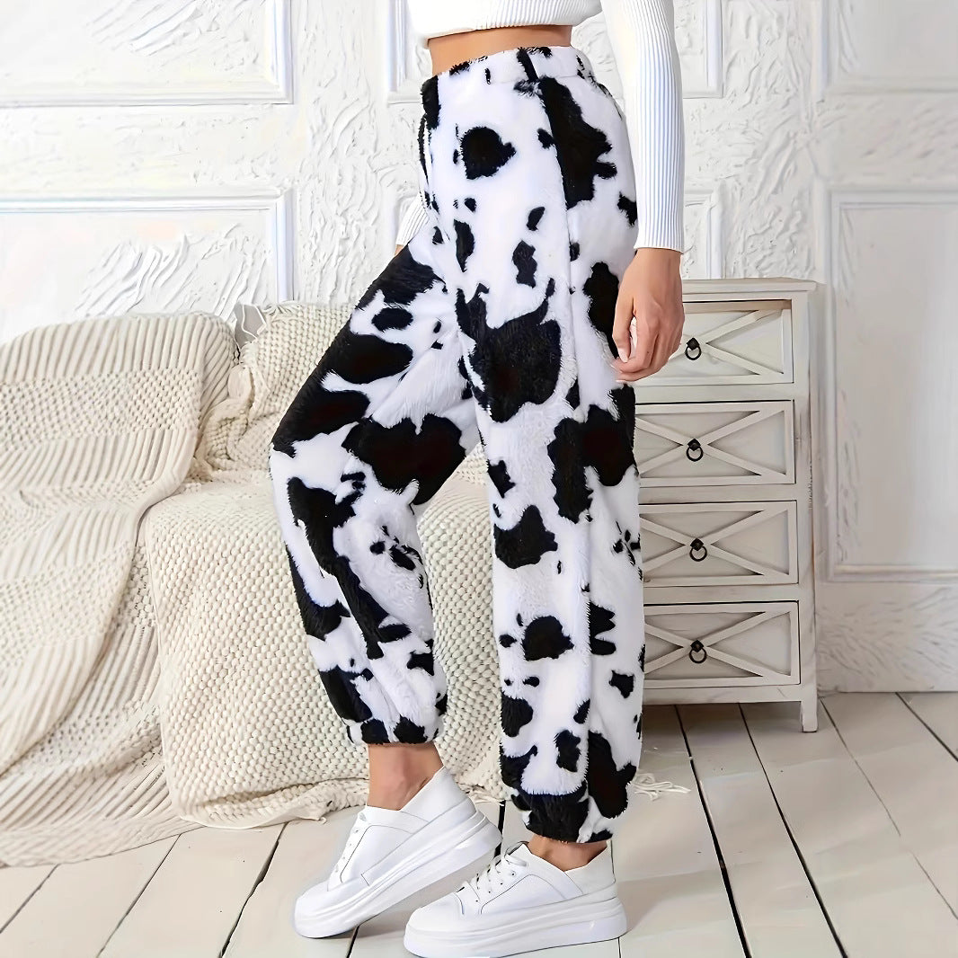 Damen Plüschhose mit modischem Kuhfleckenmuster und elastischem Bund R&B