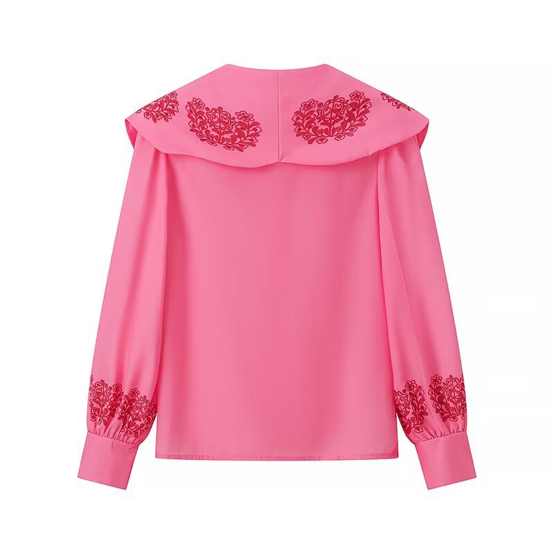 Damen Bluse mit voluminösem Kragen und floralen Stickereien R&B