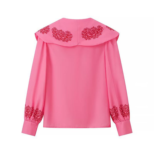 Damen Bluse mit voluminösem Kragen und floralen Stickereien R&B