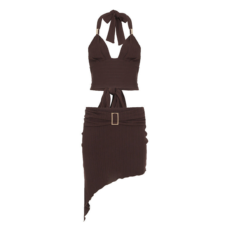 Damen Set aus Crop-Top und asymmetrischem Rock mit Rüschen-R&B