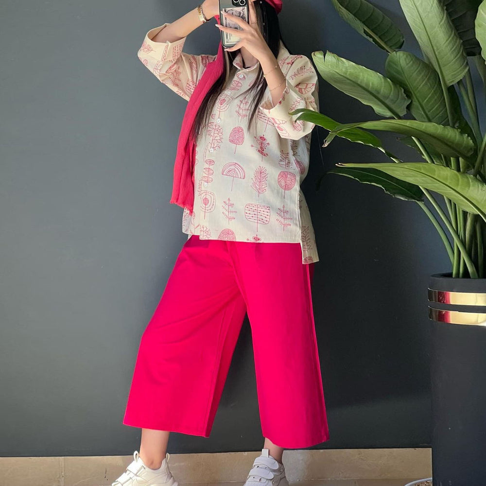 Damen Lässige Tunika-Bluse mit modernem Print und weiten Hosen R&B