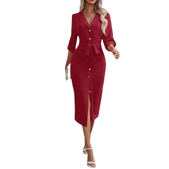 Damen Hemdblusenkleid mit eleganter Taillenschnürung und Knopfleiste R&B