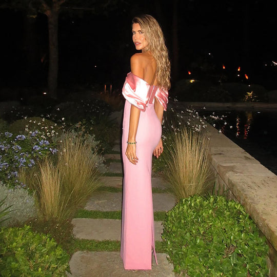 Damen schulterfreies Maxikleid mit elegantem Wickeldetail und voluminösen Puffärmeln R&B