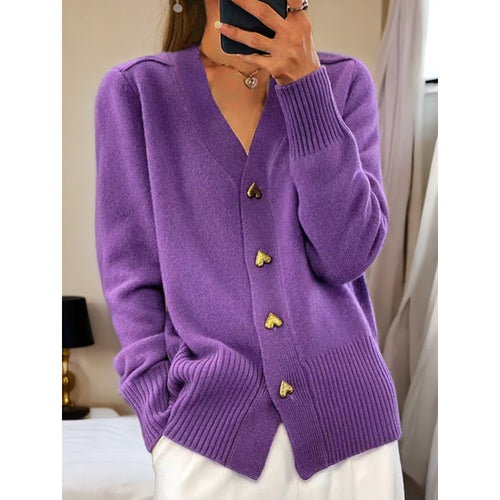 Damen kuschelige Strickjacke mit Herzknöpfen und V-Ausschnitt R&B