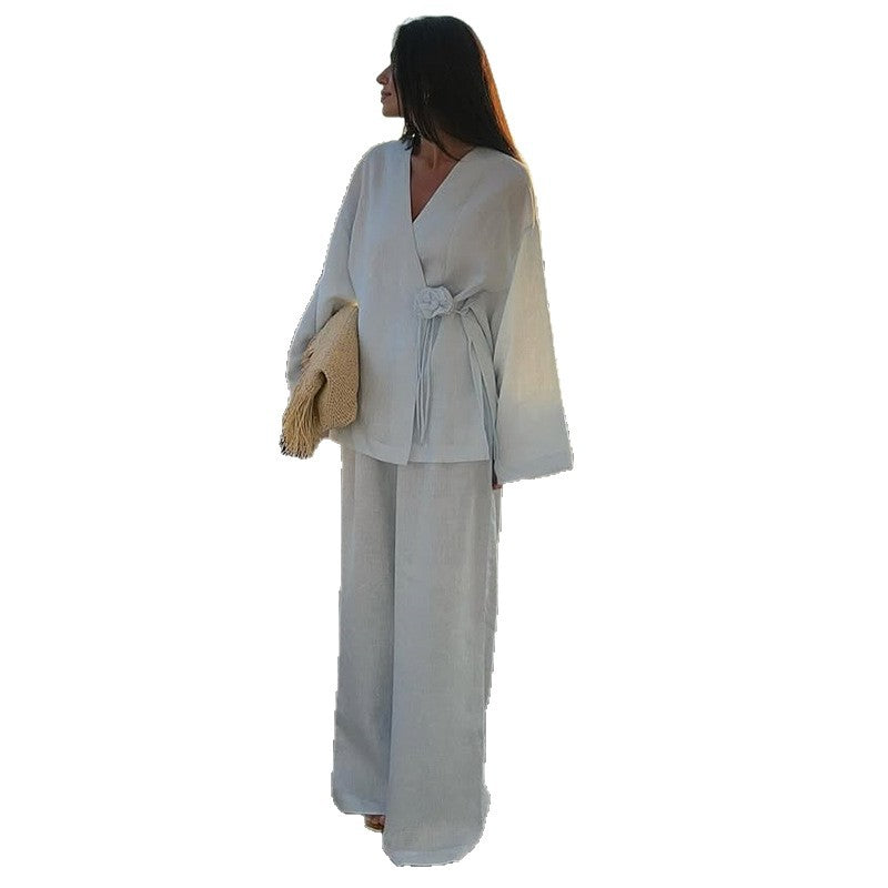 Damen eleganter Leinenanzug mit raffinierten Rüschen R&B