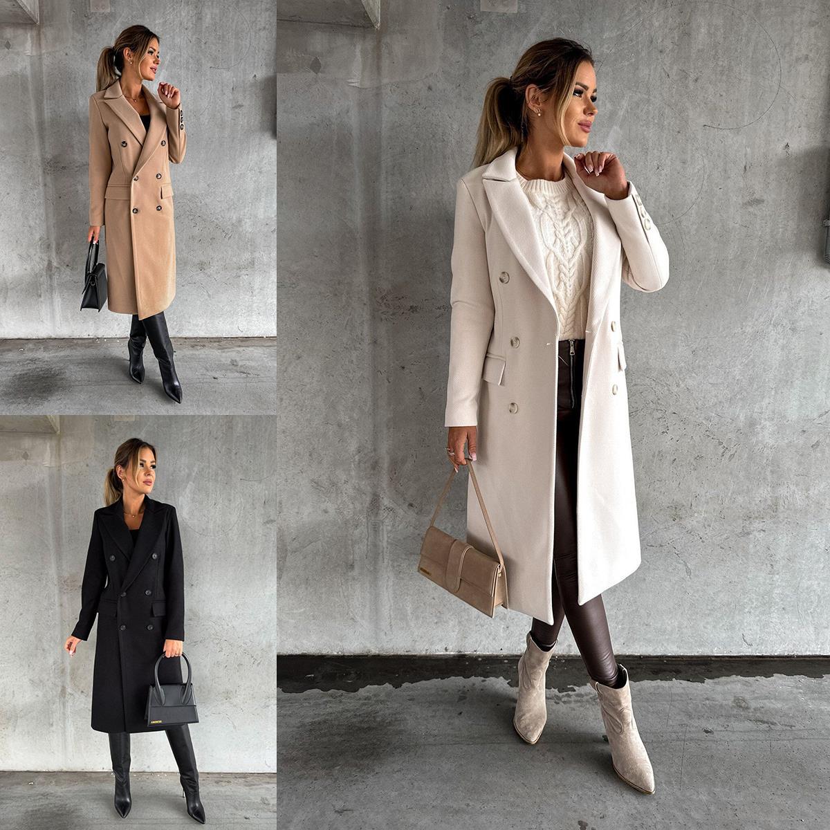 Damen Eleganter Doppelreiher-Mantel mit strukturiertem Stoff und taillierbarem Gürtel R&B