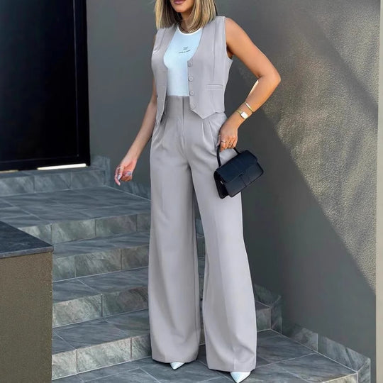Damen Elegantes Hosenanzug-Set aus hochwertigem Stoff mit tailliertem Blazer und weitem Bein R&B