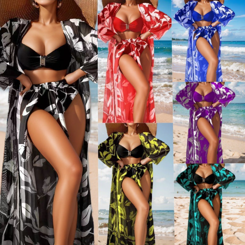 Damen Bikini-Set mit floralem Überrock und stilvollem Bandeau-Oberteil R&B