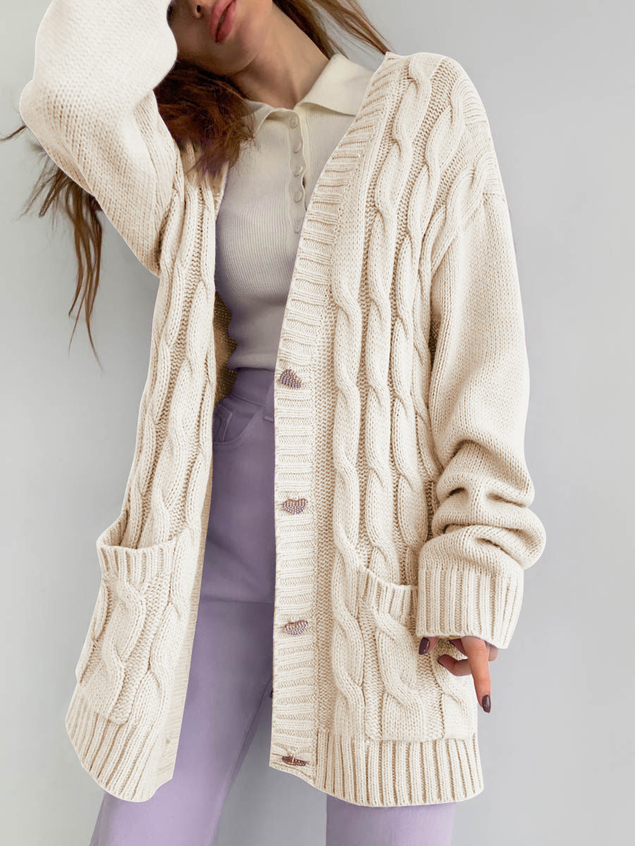 Damen Grobstrick-Cardigan mit herzförmigen Knöpfen und seitlichen Taschen R&B