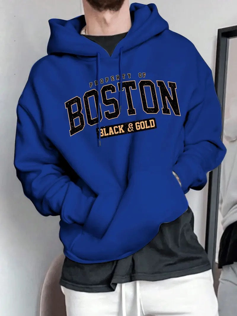 Herren Kapuzensweater mit auffälligem Boston-Print und weicher Innenseite
