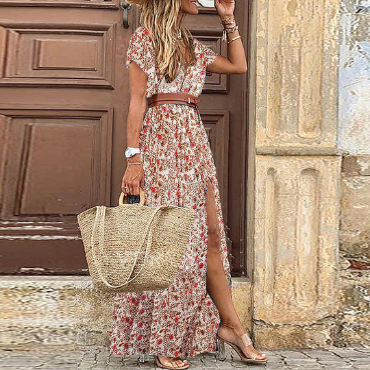 Damen Maxikleid mit floralem Paisleymuster und seitlichem Schlitz R&B