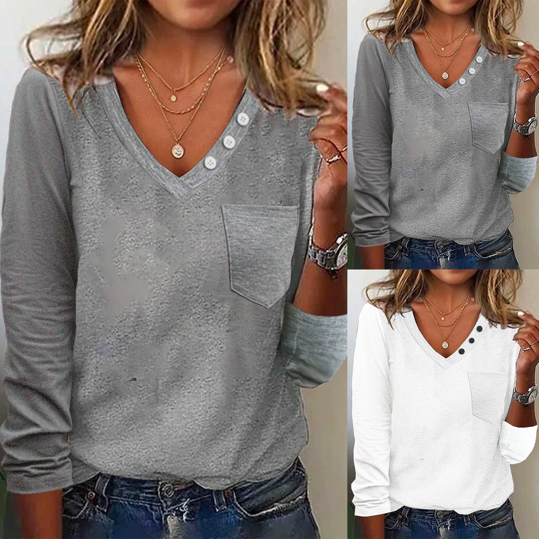 Damen Langarmshirt mit Knopfdetails und Brusttasche R&B