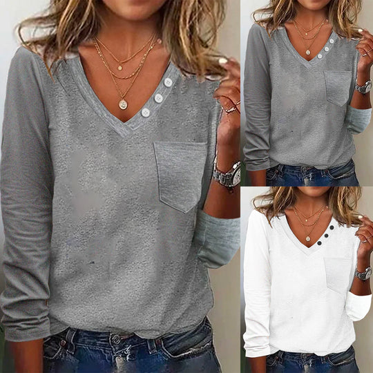Damen Langarmshirt mit Knopfdetails und Brusttasche R&B