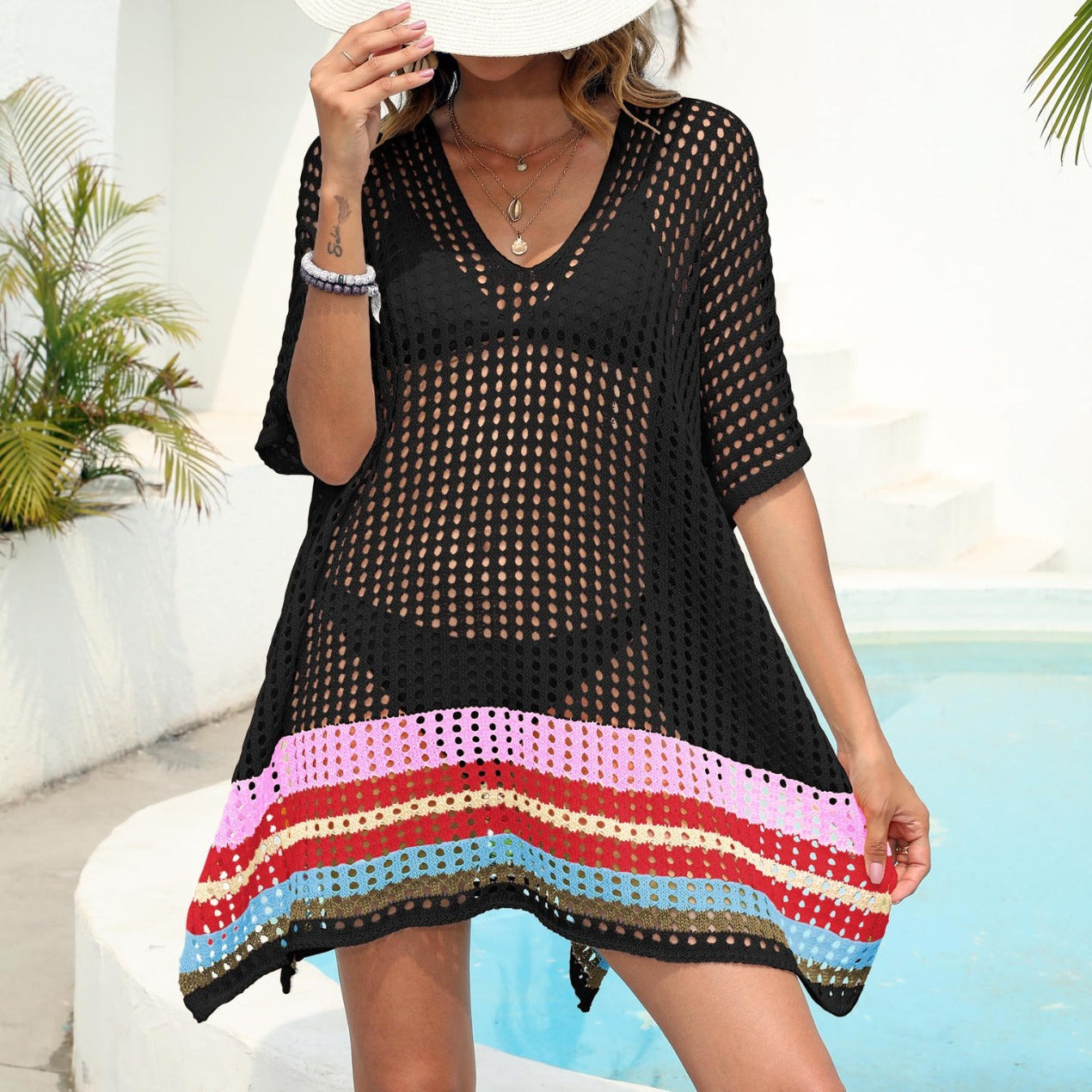 Damen luftiger Strandsarong mit buntem Häkelmuster R&B