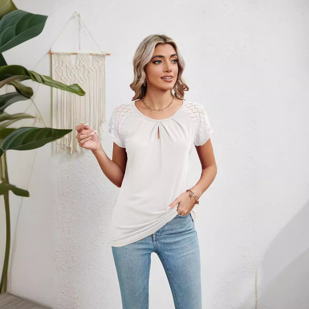 Damen Kurzarm-Bluse mit Spitzenärmeln R&B