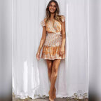 Damen floral gemusterte Sommerkleid mit V-Ausschnitt und Rüschensäumen R&B