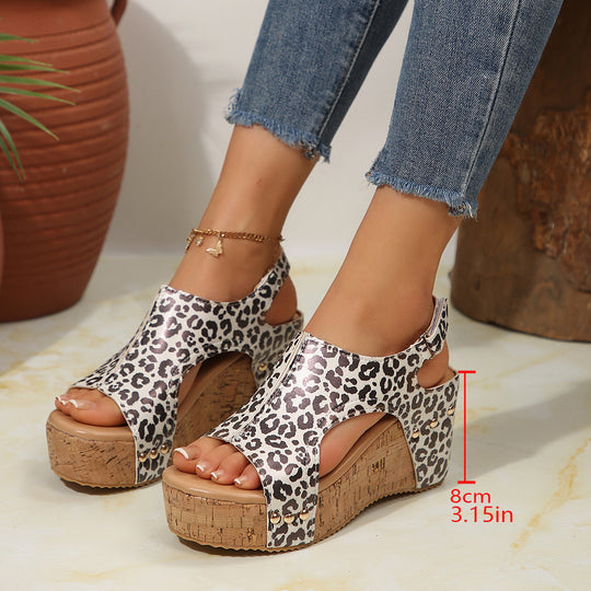 Damen Plateau-Sandalen mit ausgefallenem Leopardenmuster und Kork-Optik R&B